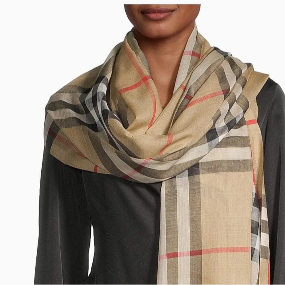 NEW $98 Cashmere Blend Tan Check Plaid Scarf